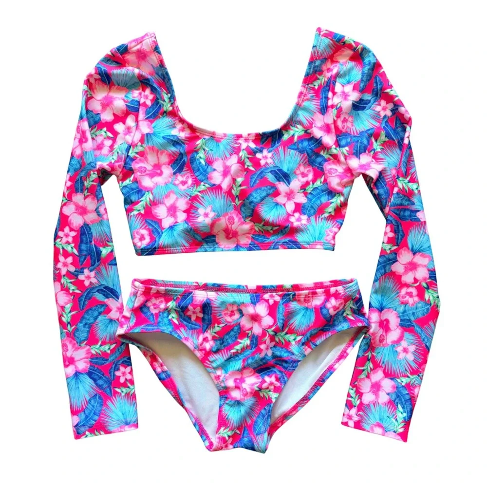 Art Class Pink Tropical Hawaiian Floral Rash Guard Bikini Bathing Suit 6/7 NWT